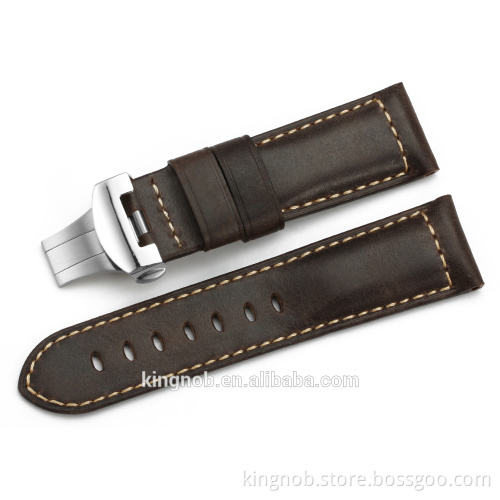 24mm Deployment Clasp Dark Brown Retro Genuine Leather Watch Strap